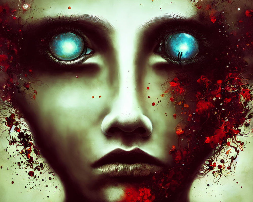 Artistic image of face with blue eyes and red splatters on dark background