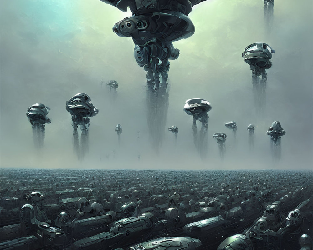 Futuristic robotic structures in misty landscape above technological debris