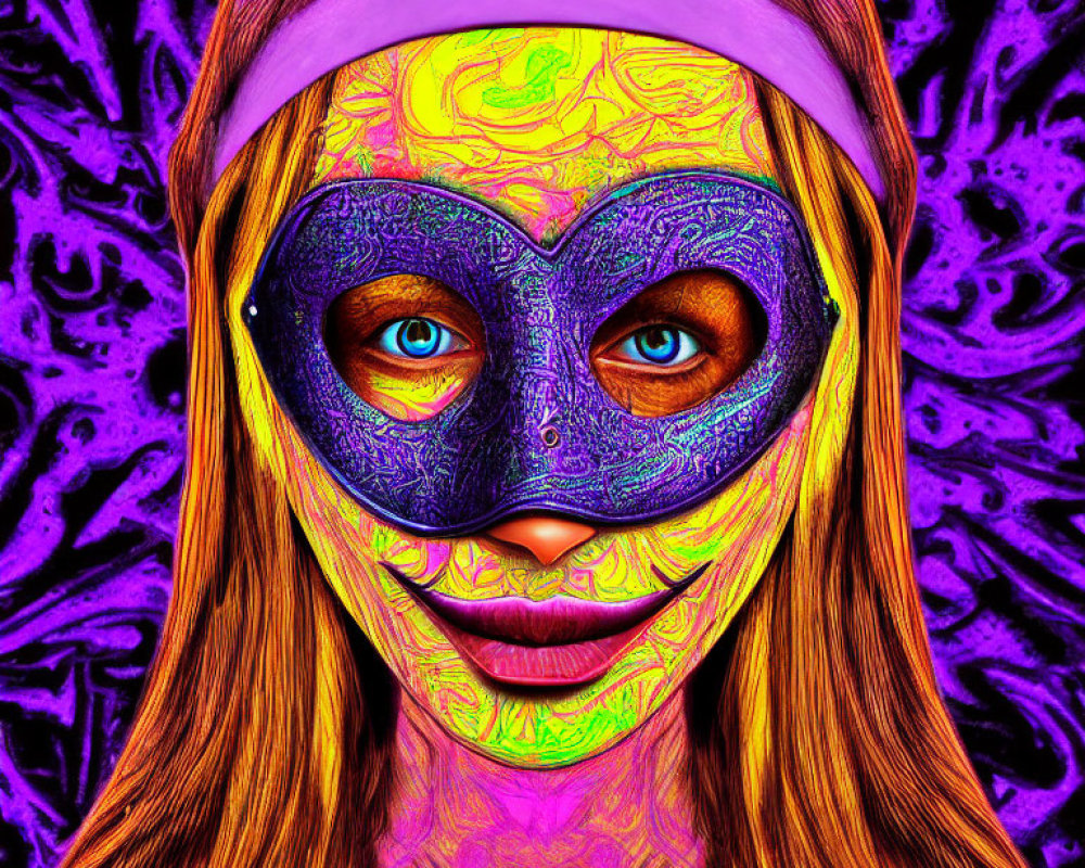 Colorful Psychedelic Portrait with Textured Mask on Purple Background