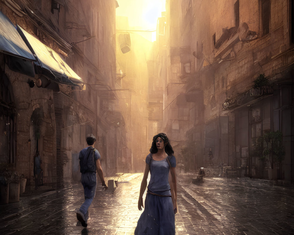 Woman in blue dress in sunlit alley with man walking away among old buildings.