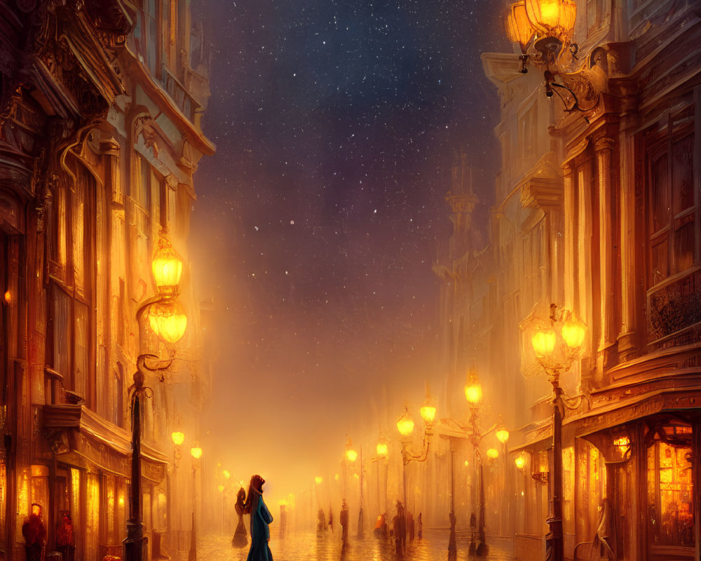 Woman in Blue Dress Stands on Cobblestone Street at Night