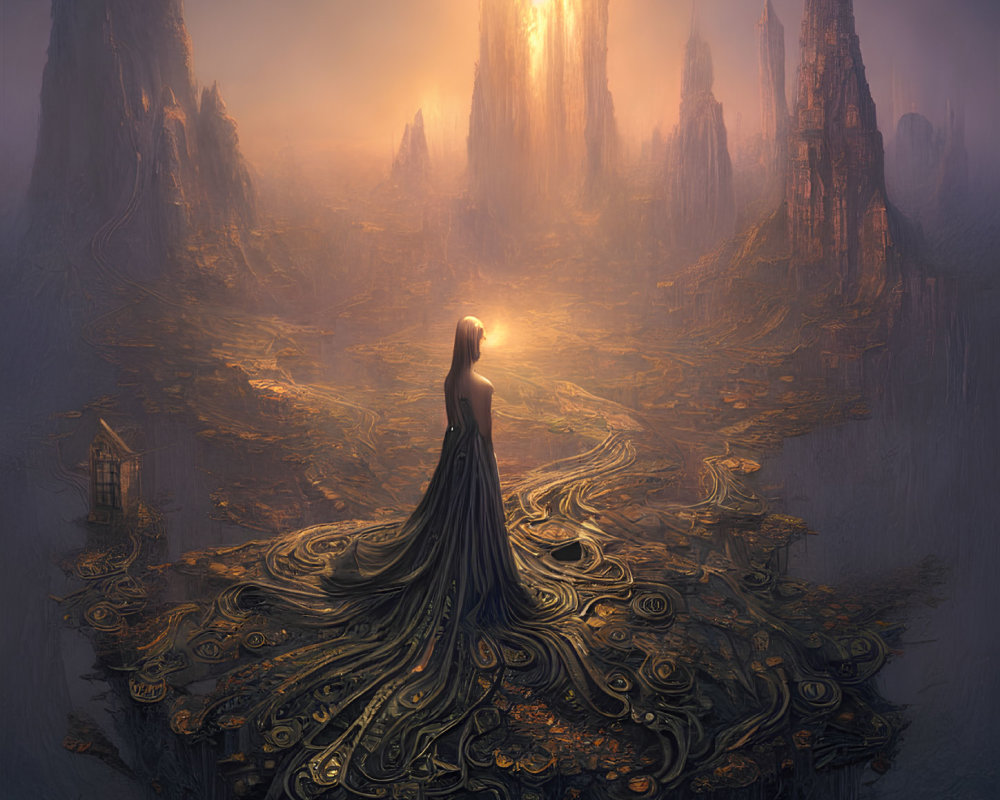 Mysterious Figure in Ethereal Landscape with Golden Spire