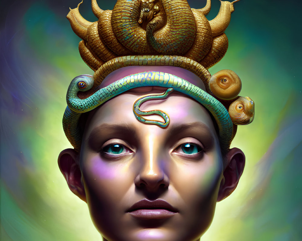 Solemn person in fantastical headdress with golden serpents and snails on lumines