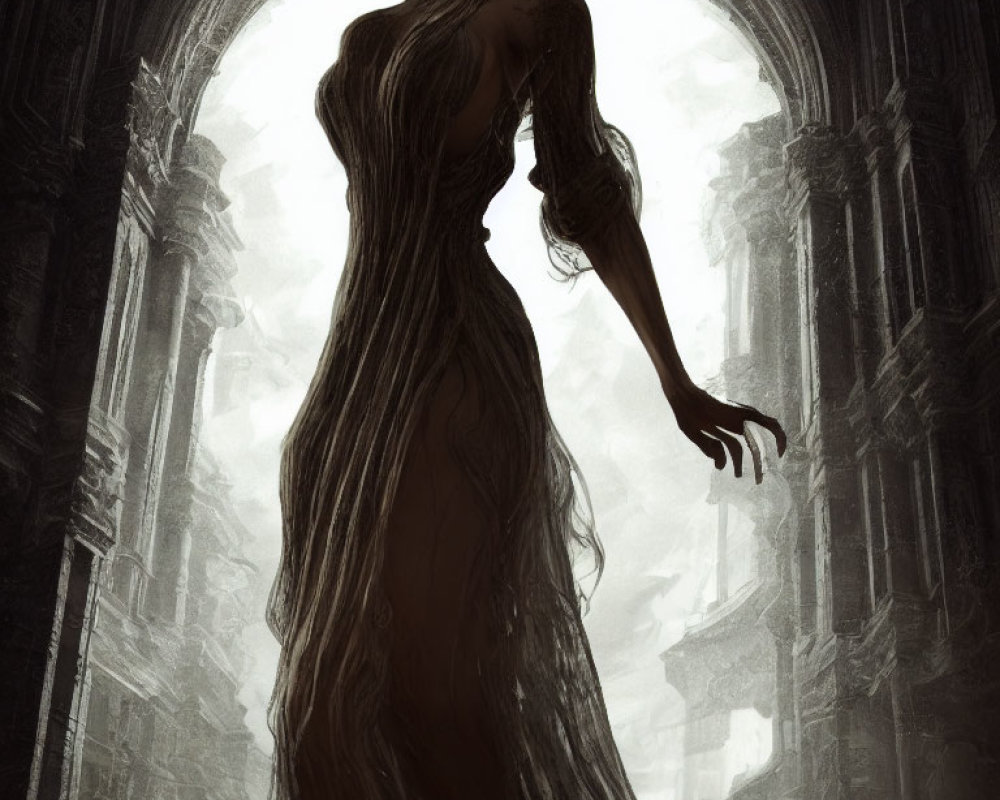 Silhouette of a figure in flowing dress amidst misty gothic architecture