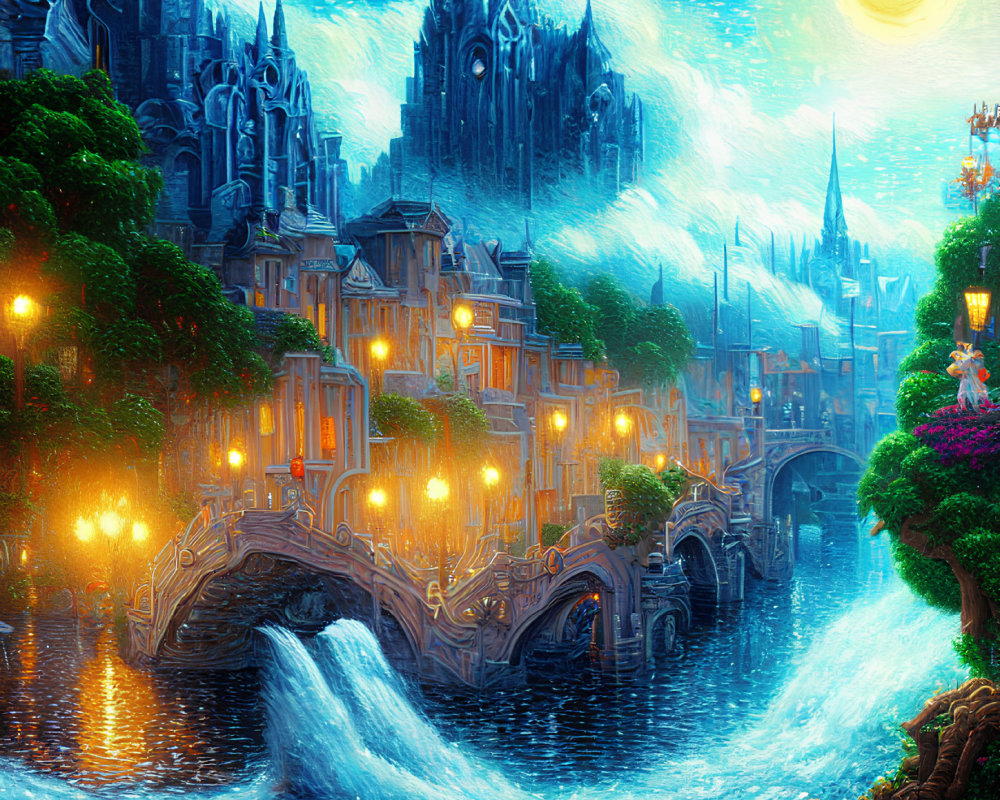 Vibrant fantasy cityscape with illuminated buildings, stone bridge, river, starry sky, yellow