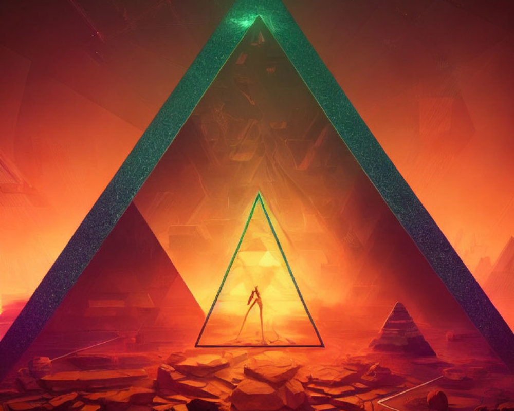 Surreal artwork with glowing triangular portal and pyramid landscape