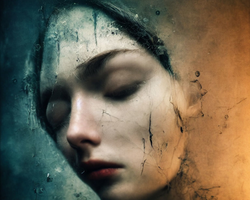 Serene woman's face through textured glass with water droplets