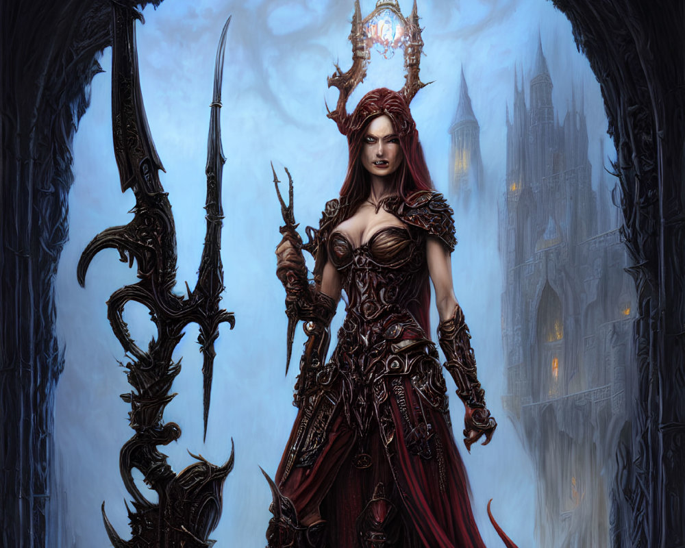 Red-Haired Warrior Woman in Ornate Armor Holding Spear and Staff in Gothic Archway