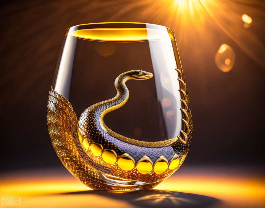 Glass Decor with Snake Design Illuminated by Warm Golden Light