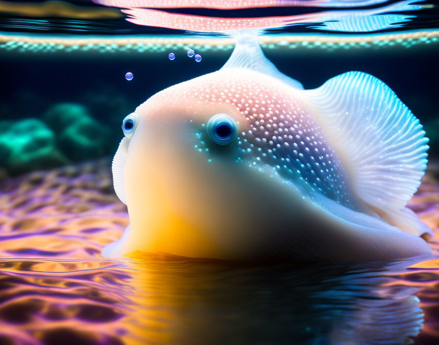 Underwater close-up of white-spotted pufferfish in blue and orange setting