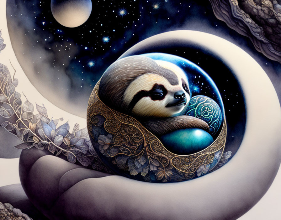 Illustration of sleeping sloth surrounded by crescent moons and stars.