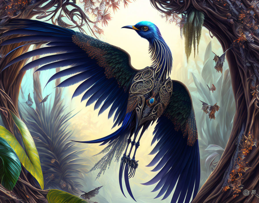 Majestic peacock with vibrant blue feathers in mystical forest