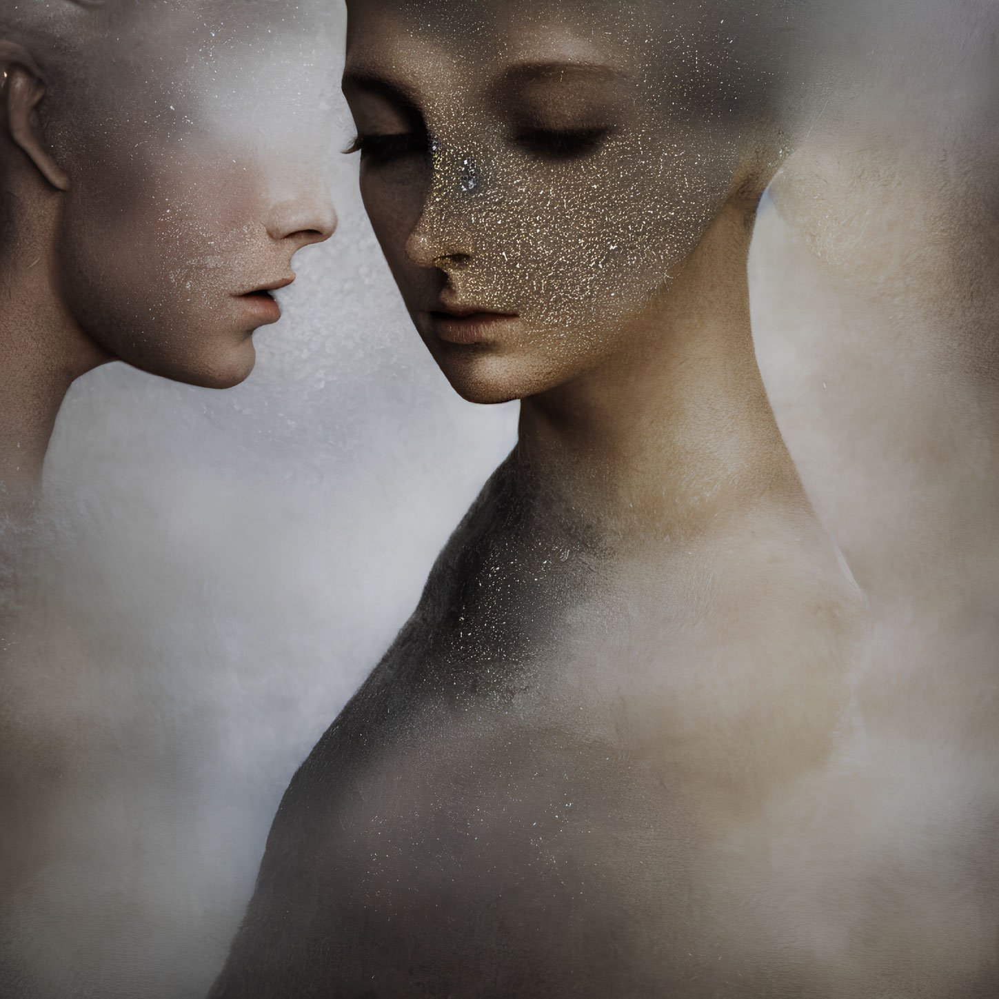 Ethereal figures with serene expressions in dreamy ambiance