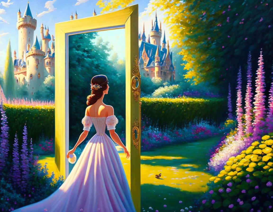 Woman in white dress at open door overlooking vibrant garden and castle with lush flora and bird