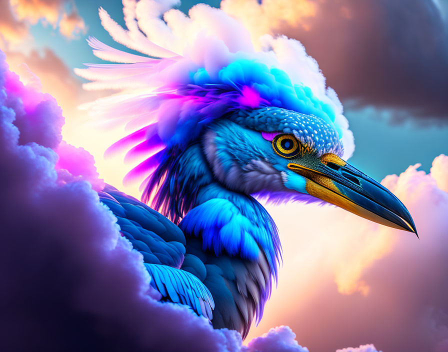 Colorful bird digital artwork with blue and purple feathers, sharp beak, and yellow eyes in sunset