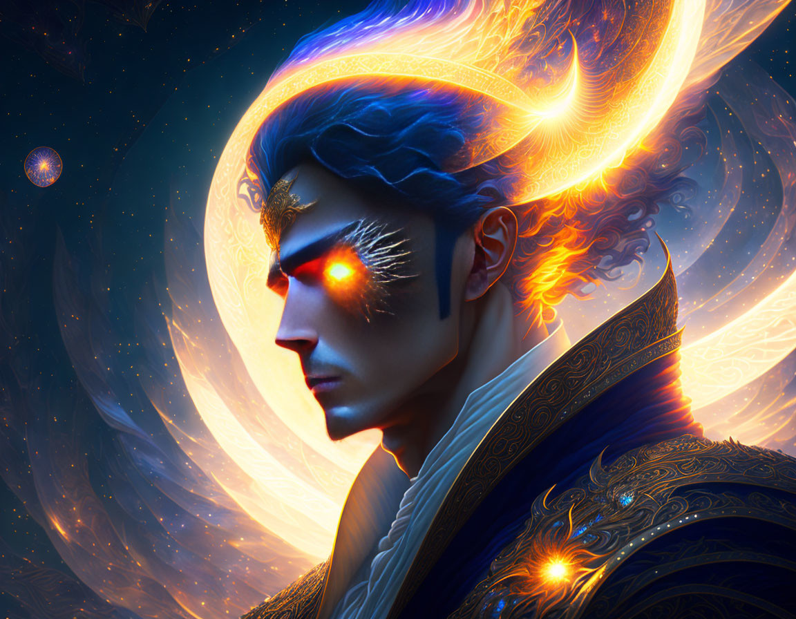 Male figure with starry skin and cosmic backdrop.