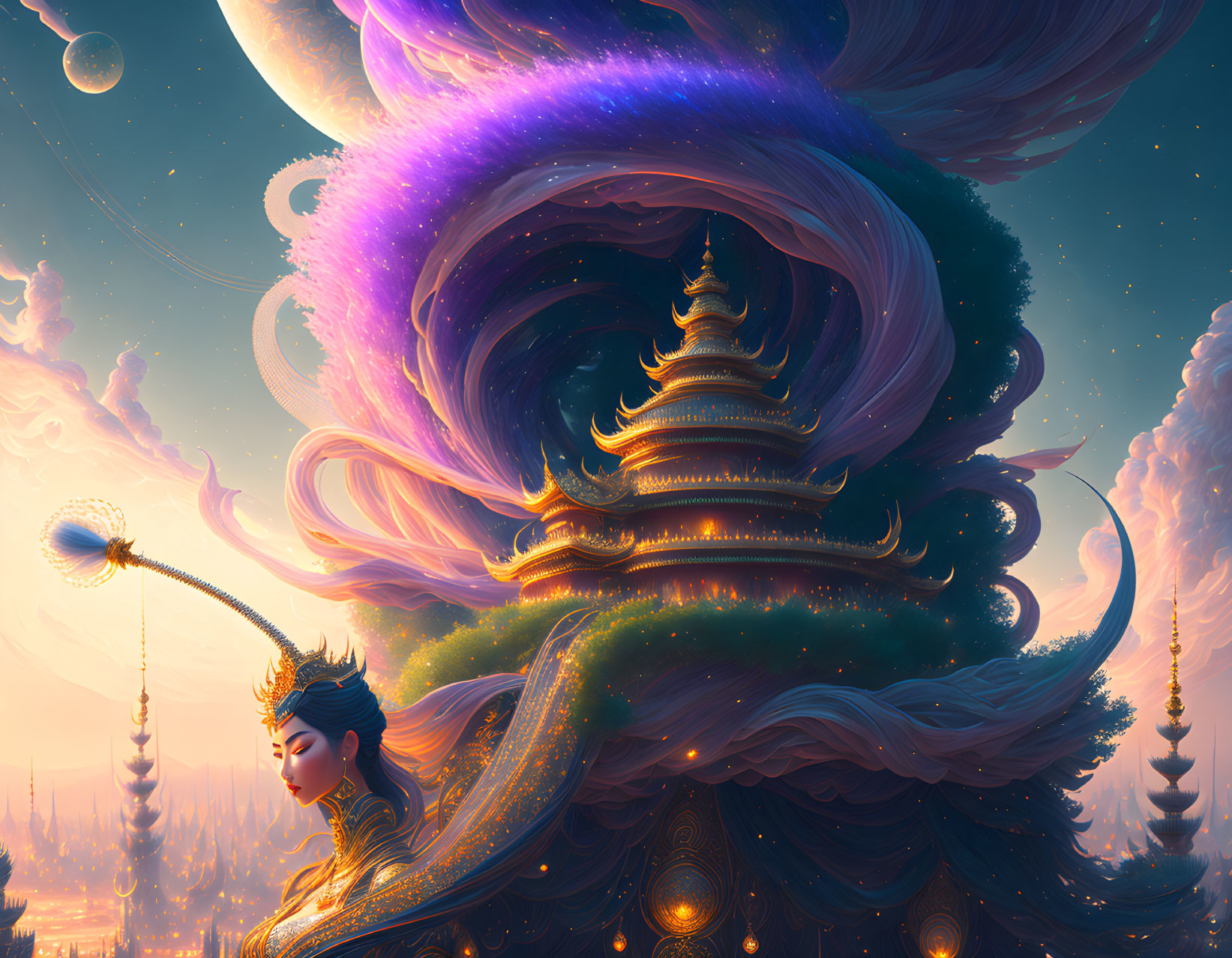 Fantastical digital painting of deity with swirling hair in cosmic tower and celestial backdrop