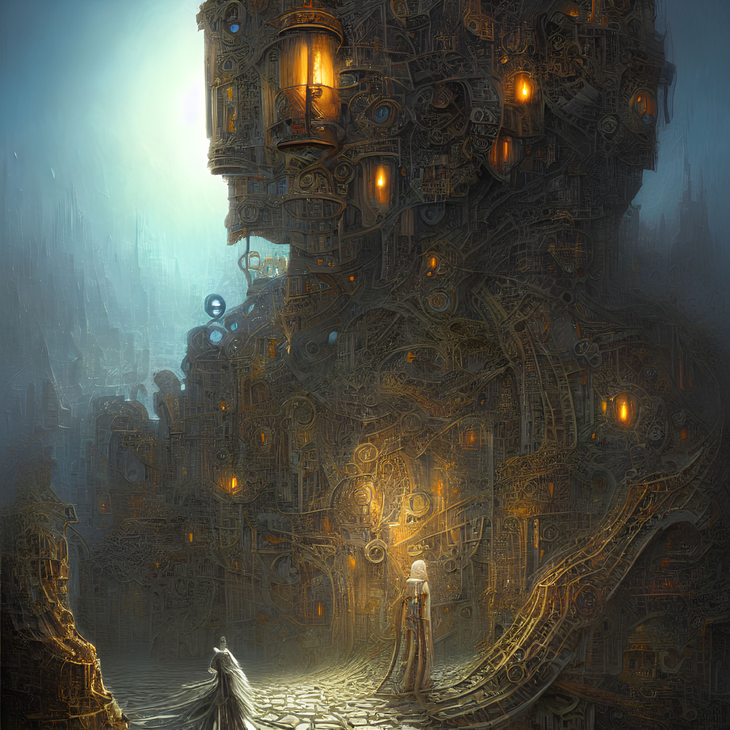 Mystical steampunk city with glowing lanterns and robed figures