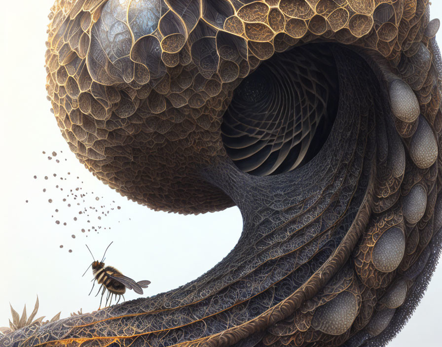 Detailed Surreal Illustration: Bee near Organic Fractal Sea Shell