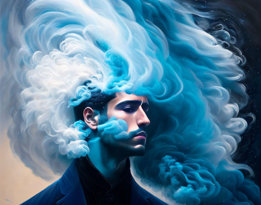 Surreal portrait of a man with a swirling blue and white beard