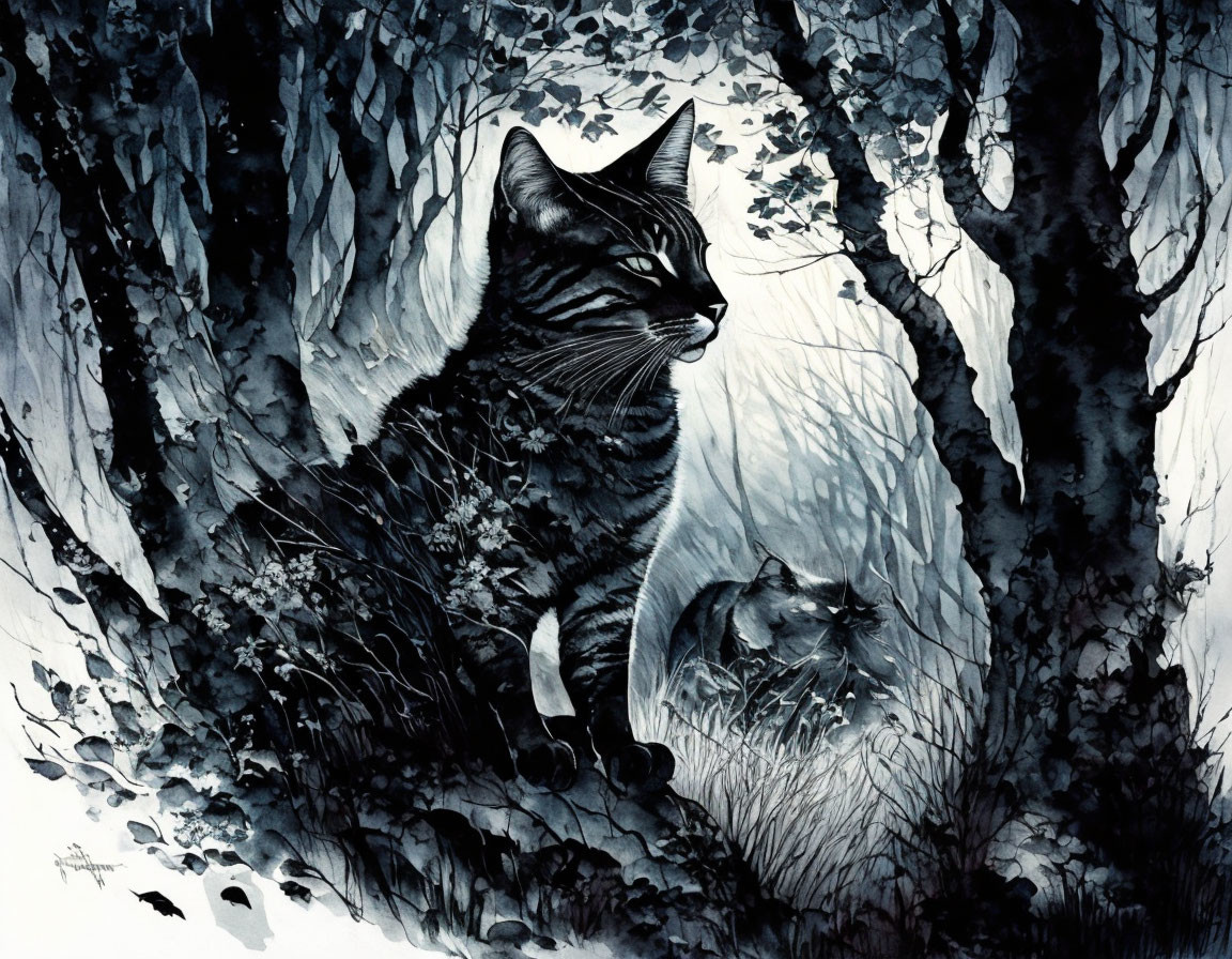 Monochrome striped cat in forest with wolf reflection