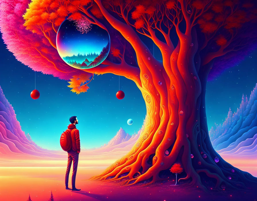 Vibrant tree with hanging orbs and surreal landscape scenery.