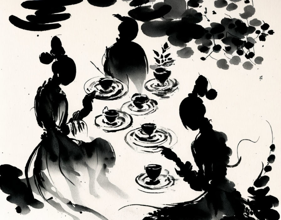 Ink wash painting of three figures in a tea ceremony