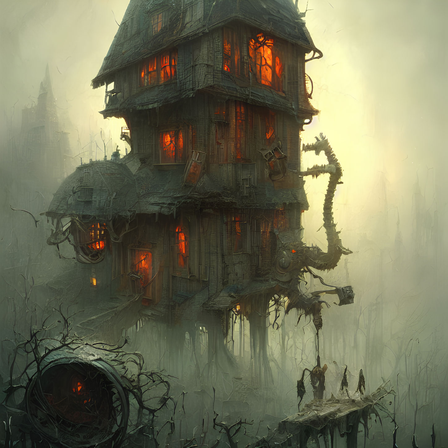 Spooky multi-story wooden house in foggy swamp with red windows