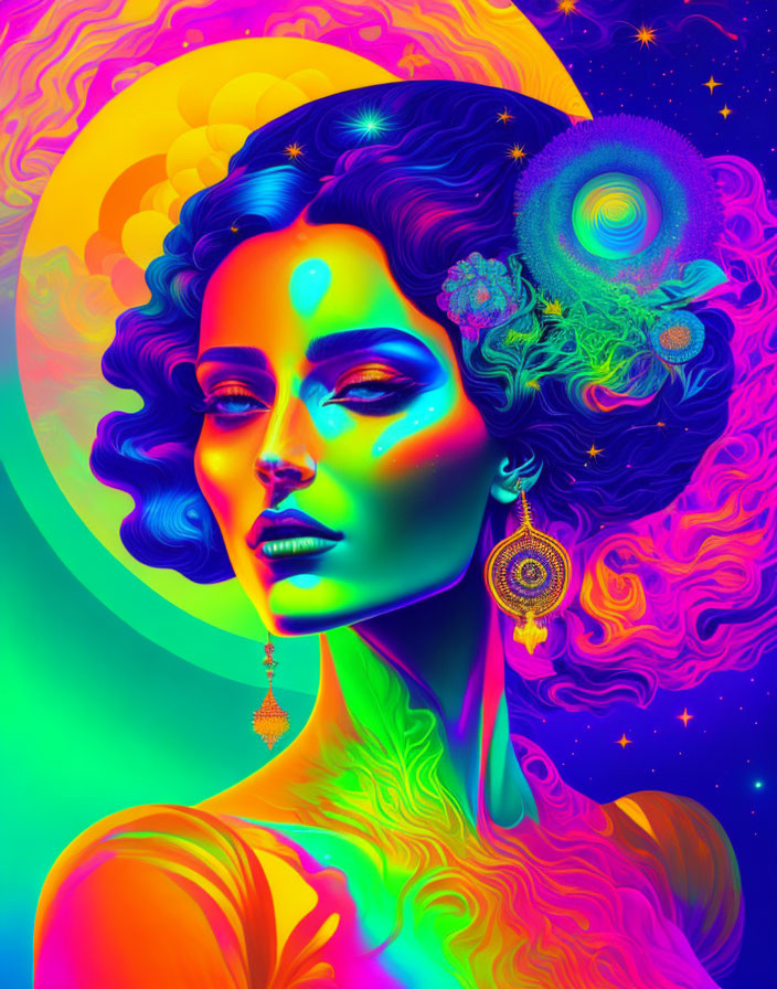 Colorful portrait of a woman with fantasy makeup and celestial motifs