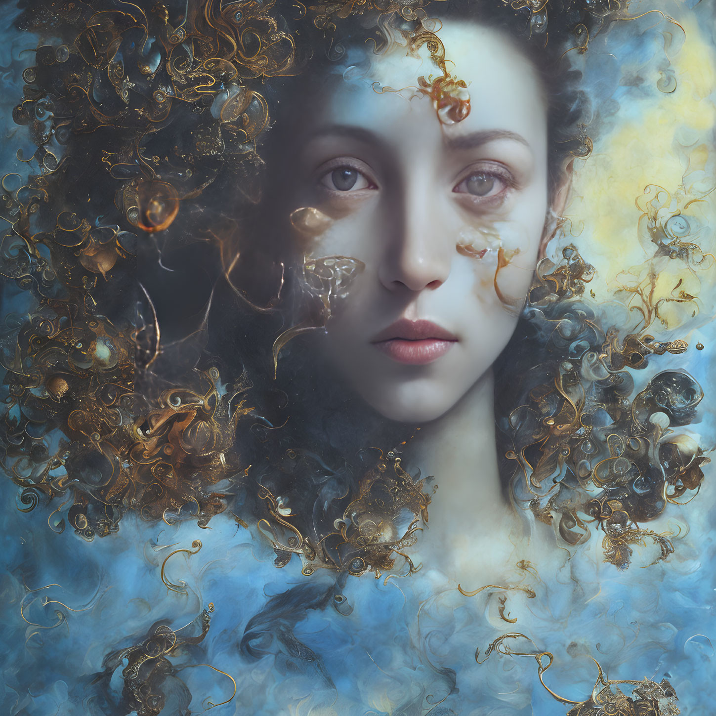 Surreal portrait of woman with submerged face in water and golden swirls