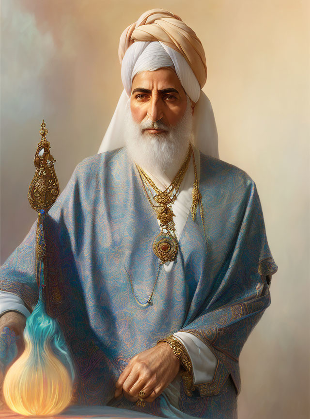 Digital artwork: Aged man in turban, robe, jewelry, flaming staff