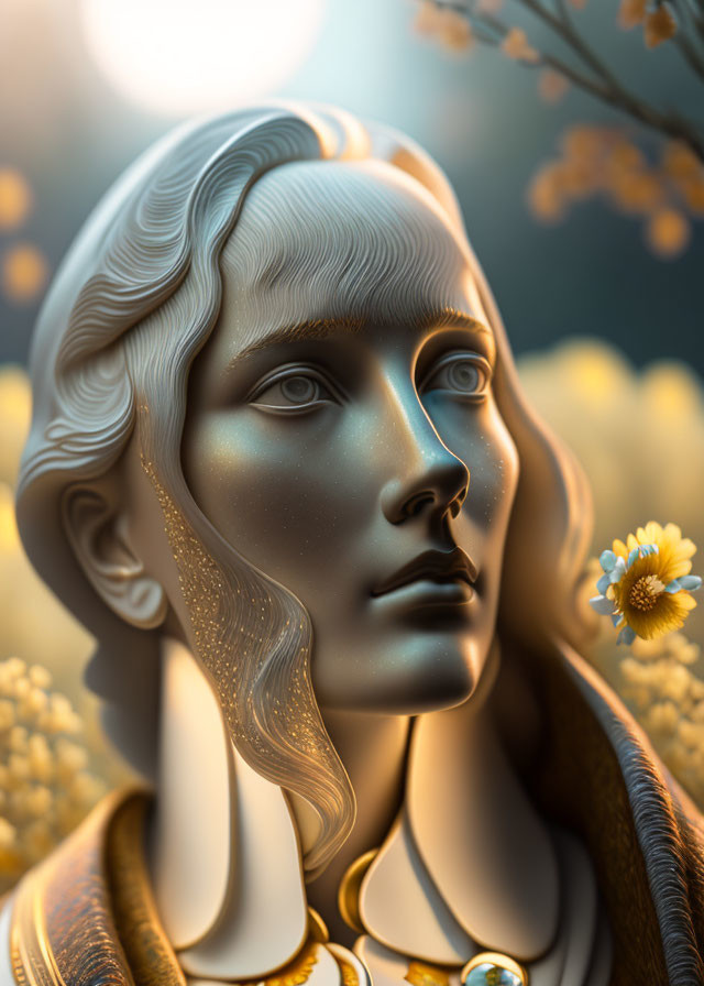 Detailed Digital Artwork: Pensive Female Figure with Metallic Sheen and Golden Flora