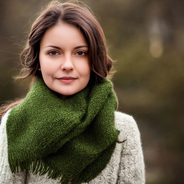 Dark-haired woman in green scarf smiling subtly outdoors.
