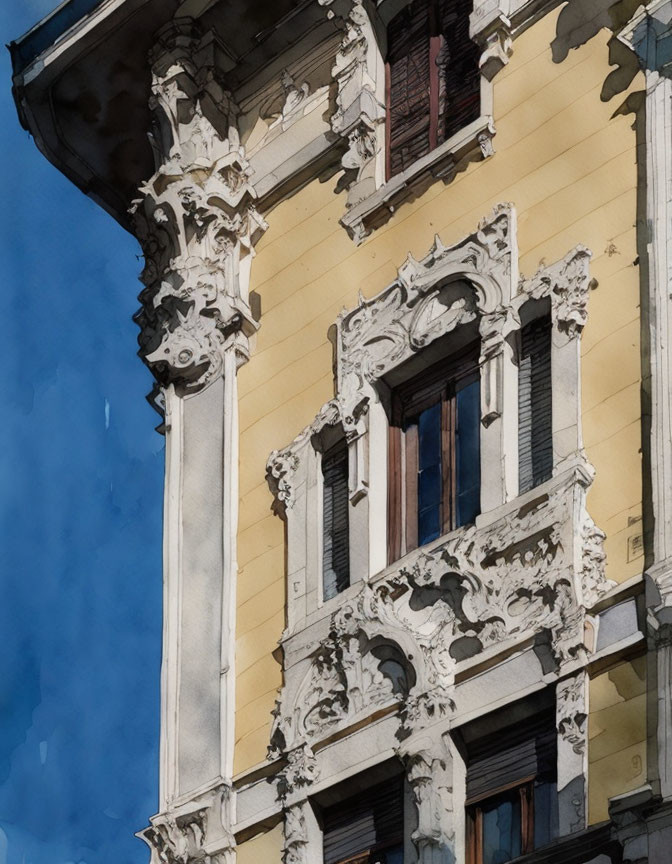 Ornate Building Facade with Decorative Moldings and Wood-Framed Window