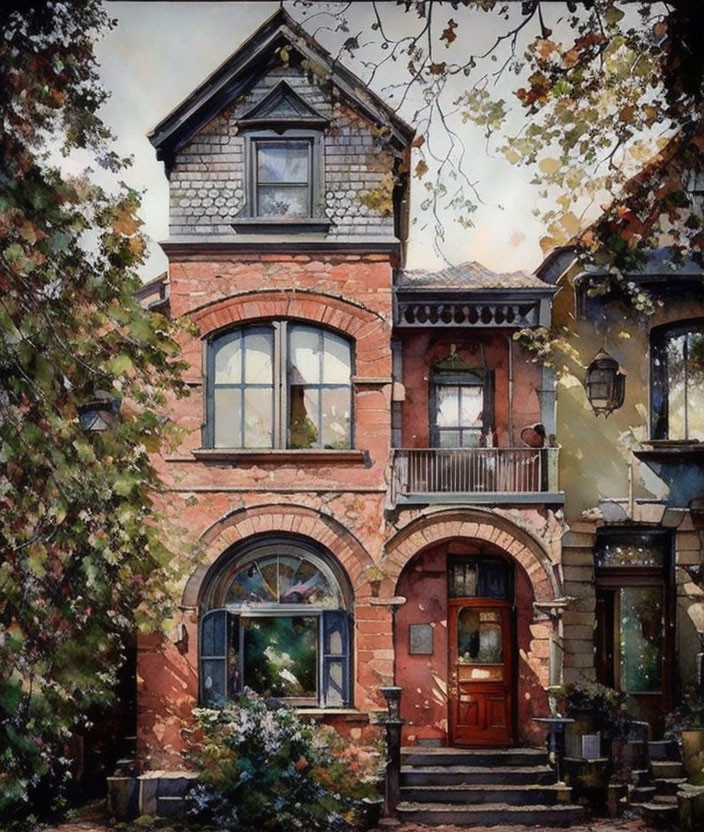 Brick house with arched windows, balcony, ivy, autumn leaves