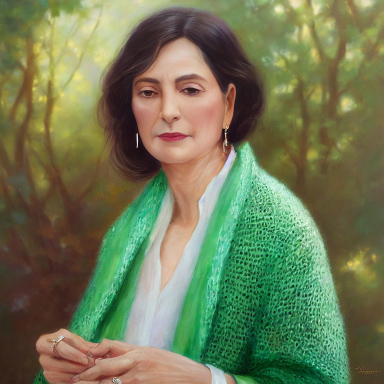 Portrait of Woman with Dark Hair and Green Shawl, White Top, and Earrings on Blurred