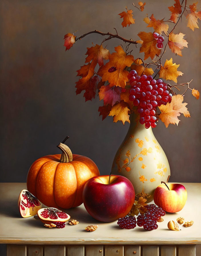 Autumn-themed still life with pumpkin, apples, grapes, pomegranate, nuts, and