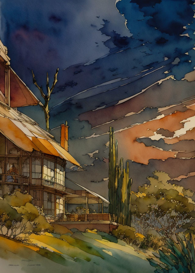 Stylized illustration of cozy house at dusk with warm lights