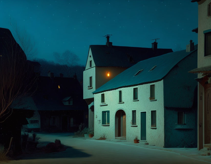 Dimly Lit Village Street at Night with Glowing Window