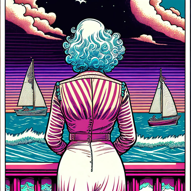 Curly Blue-Haired Woman Looking at Vibrant Sea with Sailing Boats