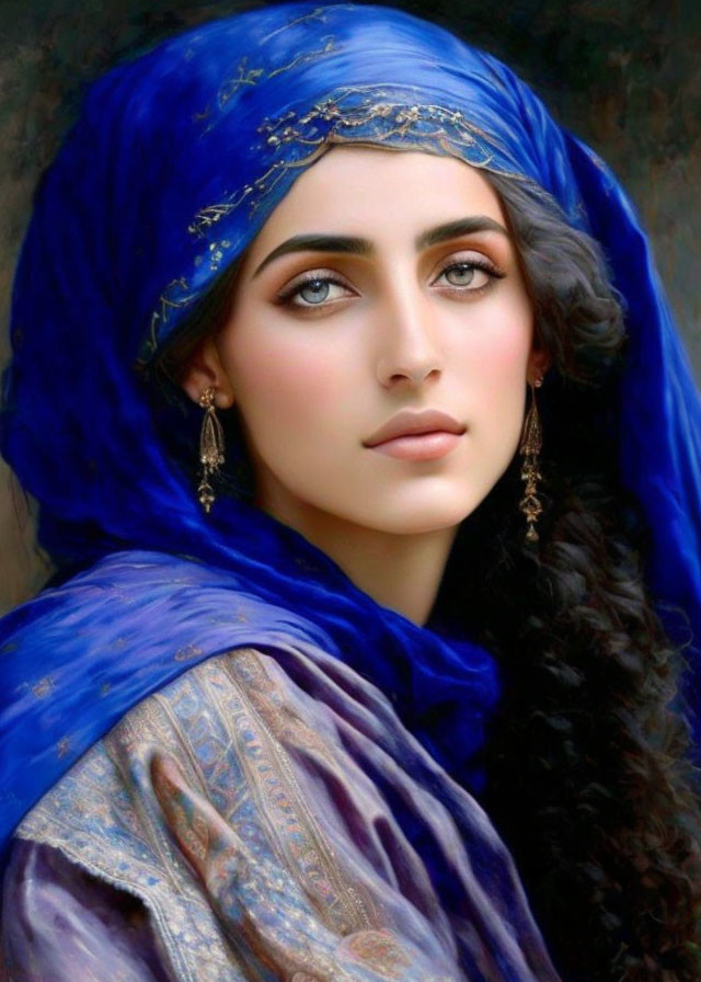 Woman in Blue Headscarf and Robe with Gold Accessories