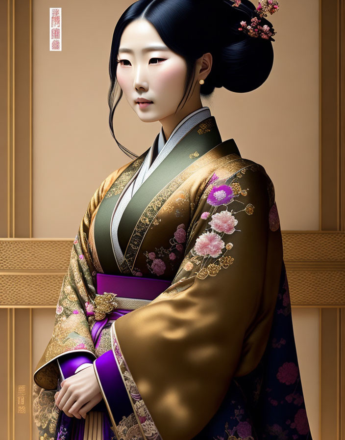 Digital artwork of a traditional Japanese Geisha in ornate kimono with gold accents and floral patterns.