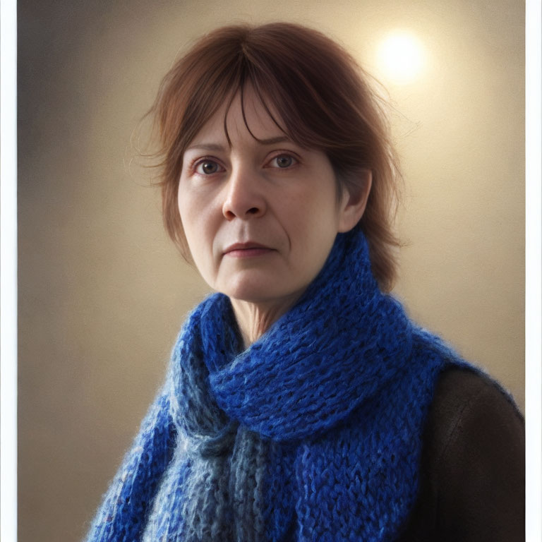 Middle-aged woman with short brown hair in blue scarf under soft light