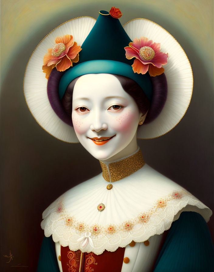 Serene woman portrait with wide-brimmed hat and ornate outfit