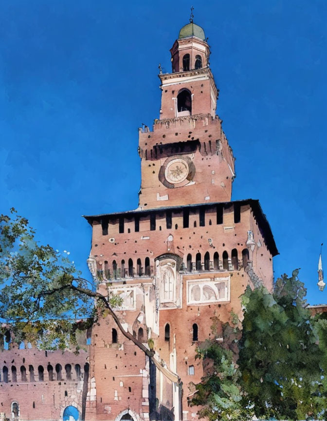 Tall Terracotta Tower Painting of Torre del Mangia in Siena