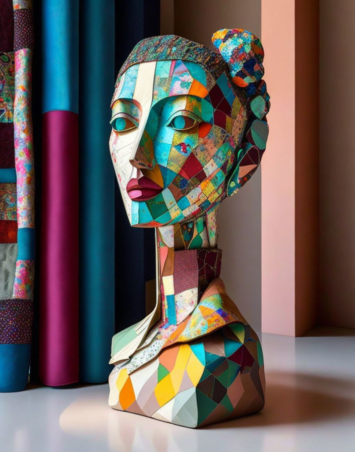 Vibrant geometric mosaic sculpture with draped fabrics