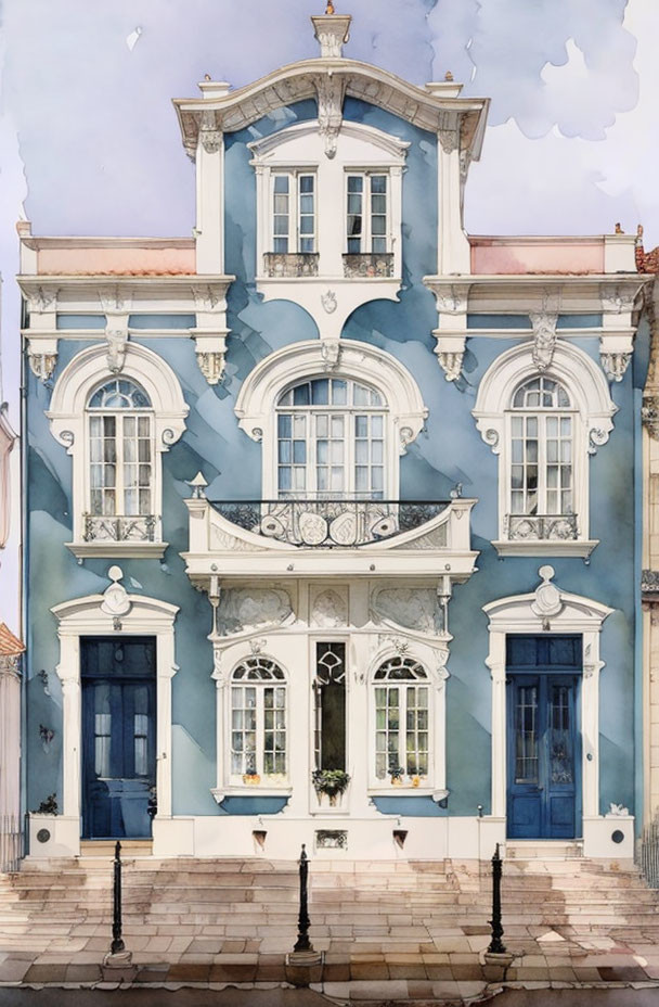 Symmetrical Blue Two-Story Building with Ornate Details in Watercolor