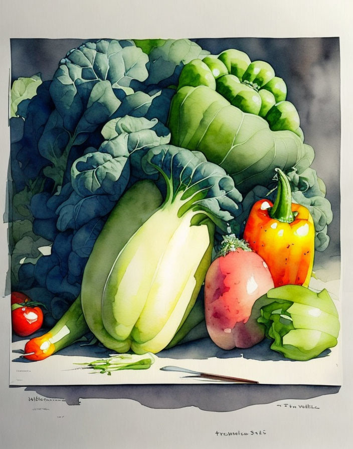 Colorful Watercolor Painting of Various Vegetables with Realistic Shading