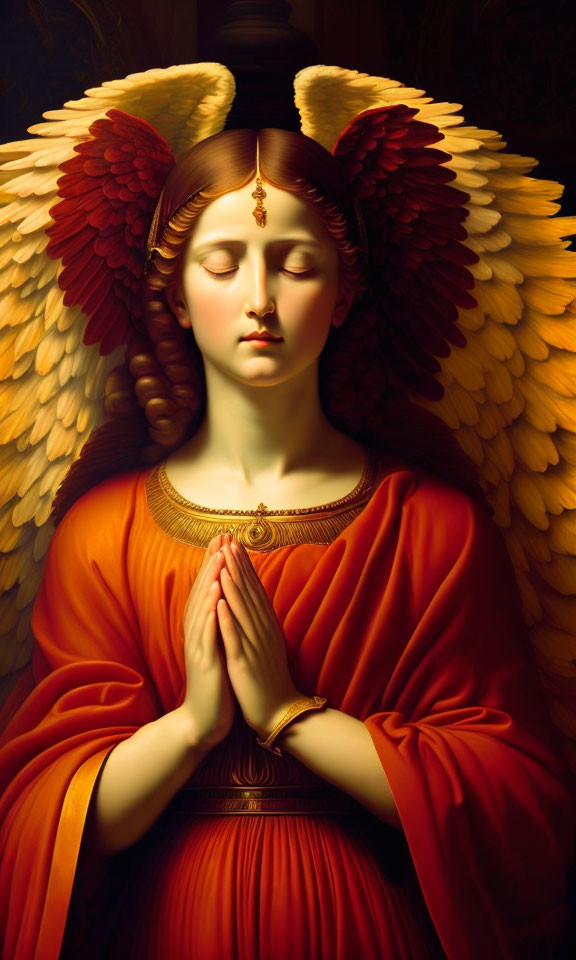 Serene angel painting with folded hands and golden wings