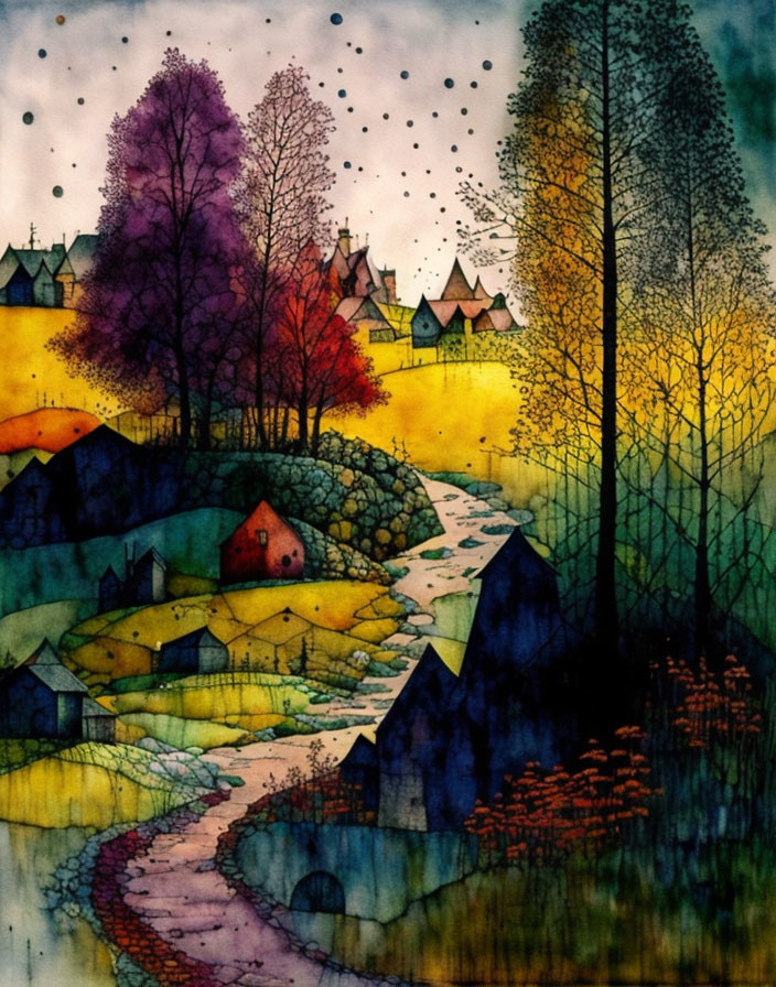 Vibrant watercolor painting of a whimsical village scene